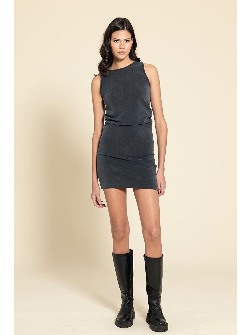 Antrasit Cupra Kumaş Yanı Büzgülü Sıfır Kol Elbise-2