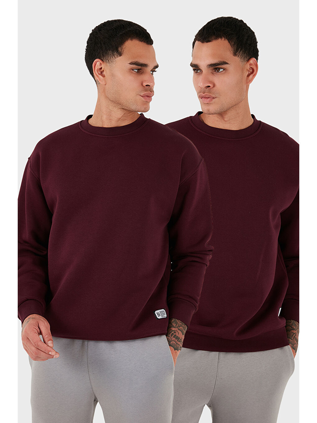 Bordo Regular Fit Bisiklet Yaka Şardonlu 2'li Paket Sweat 5905255S2