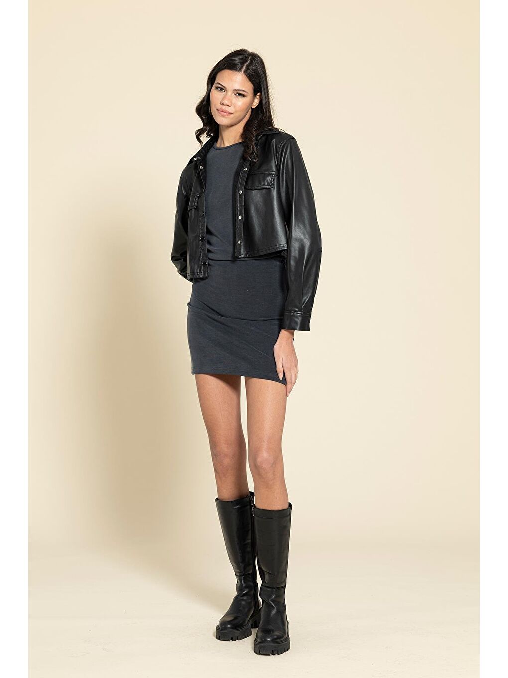 Antrasit Cupra Kumaş Yanı Büzgülü Sıfır Kol Elbise-4