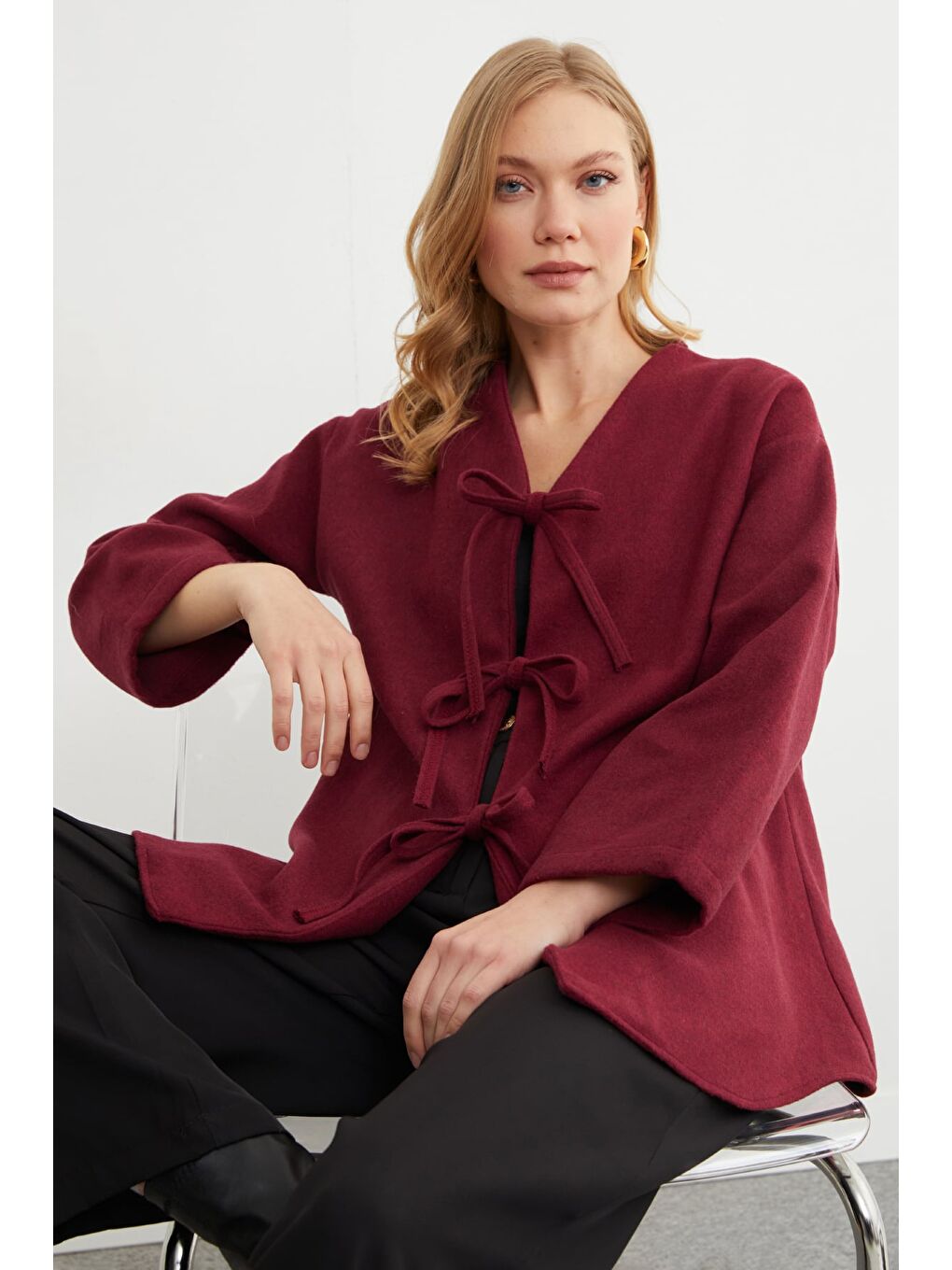 Bordo Önü Bağlamalı Oversize Kaşe Hırka