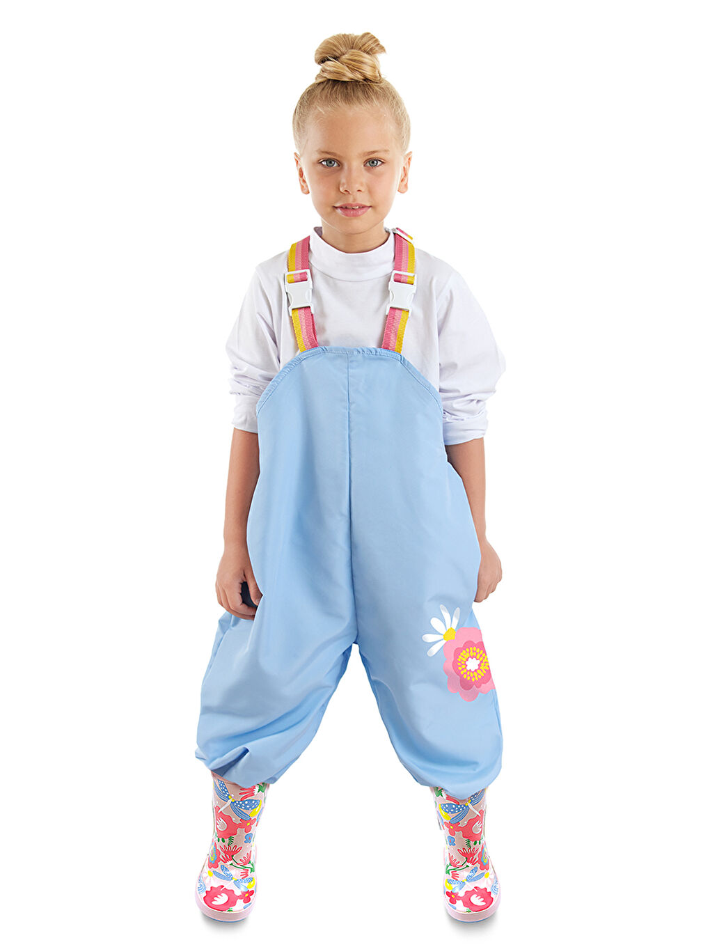 Mavi Çiçekli Kız Çocuk Su Geçirmez Yağmur Tulumu
