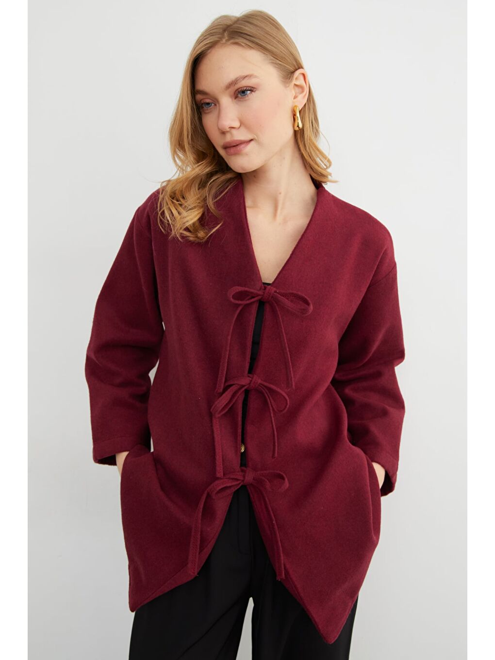 Bordo Önü Bağlamalı Oversize Kaşe Hırka-1