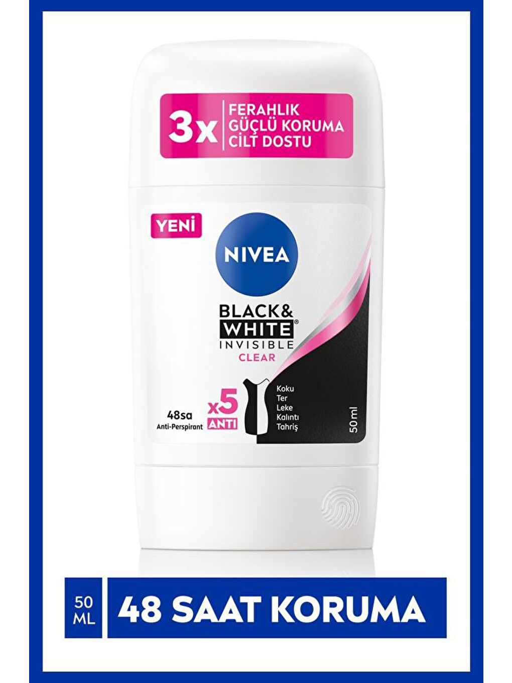 NIVEA Şeffaf Kadın Stick Deodorant Black&White Invisible Clear 48 Saat Anti-Perspirant Koruma 50 ml