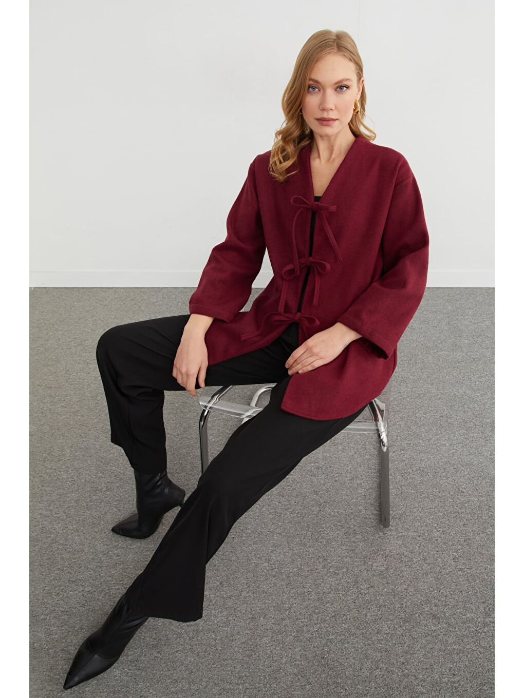 Bordo Önü Bağlamalı Oversize Kaşe Hırka-2