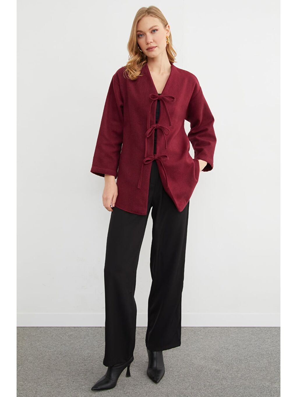 Bordo Önü Bağlamalı Oversize Kaşe Hırka-3