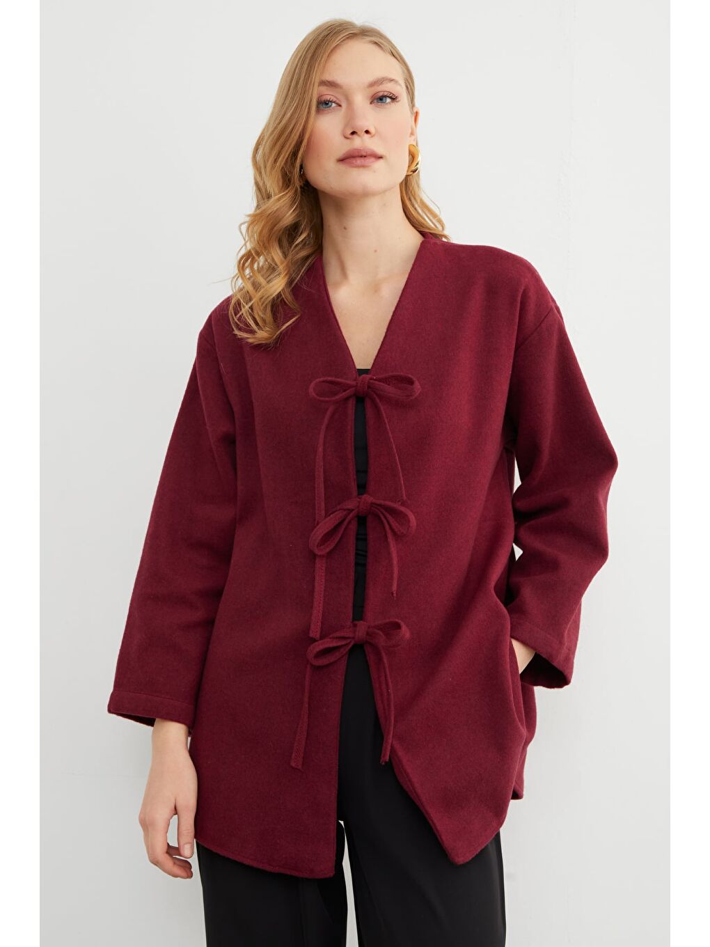 Bordo Önü Bağlamalı Oversize Kaşe Hırka-4