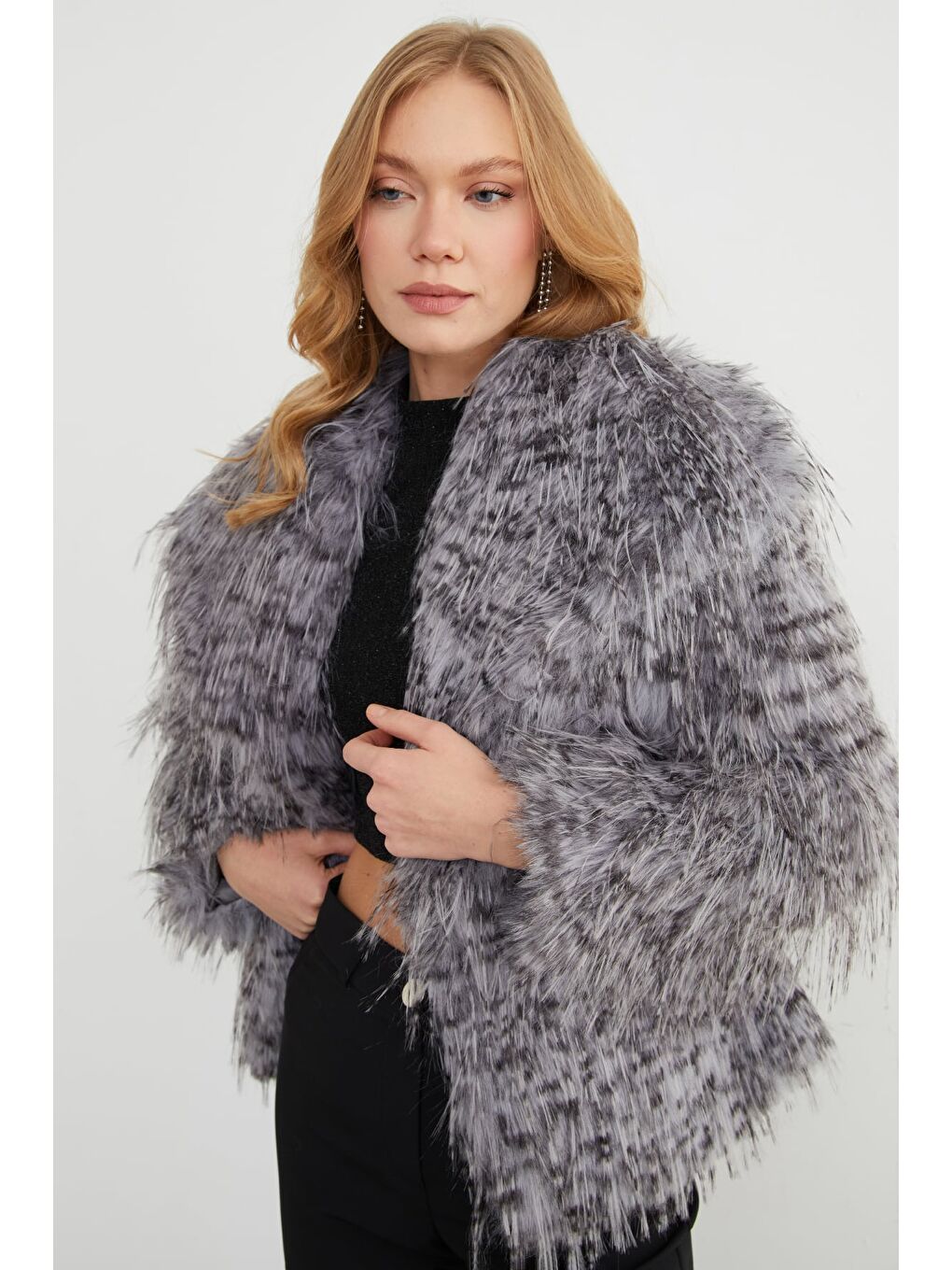 Antrasit Çıtçıtlı Şal Yaka Suni Kürk Ceket-2