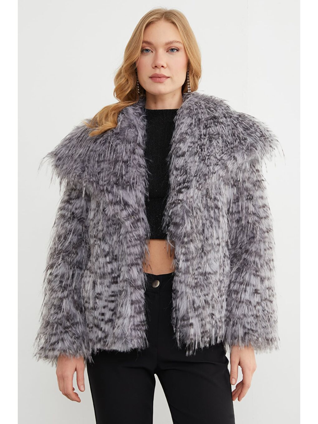 Antrasit Çıtçıtlı Şal Yaka Suni Kürk Ceket-3