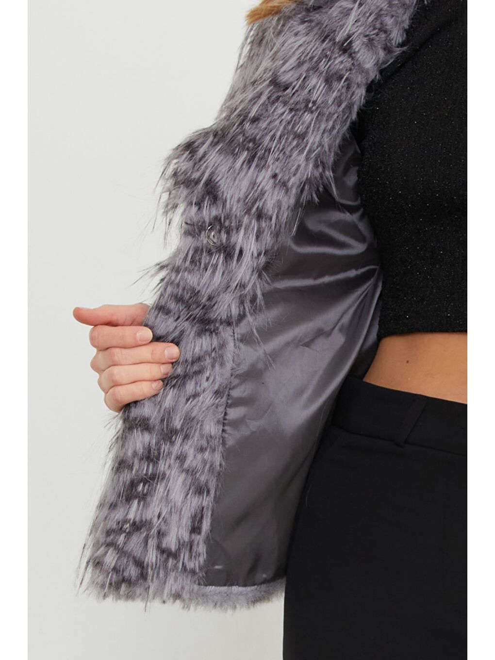 Antrasit Çıtçıtlı Şal Yaka Suni Kürk Ceket-4