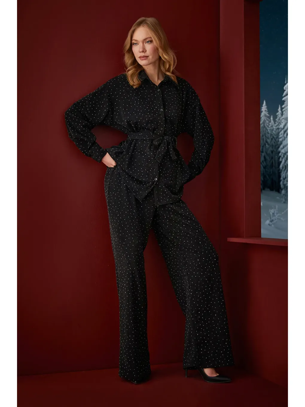 Siyah Fullamodest Beli Kemerli Taşlı Simli 2 Li Takım