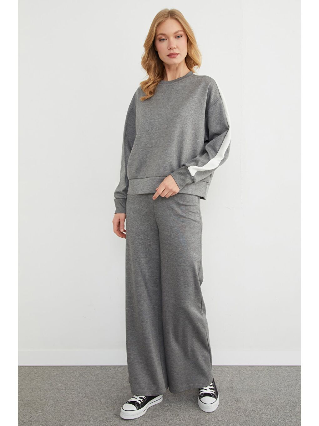 Antrasit Kolu Şeritli Bisiklet Yaka Modal Sweatshirt-2