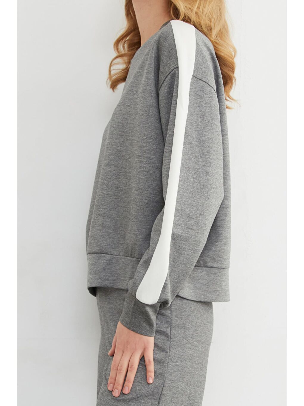 Antrasit Kolu Şeritli Bisiklet Yaka Modal Sweatshirt-4