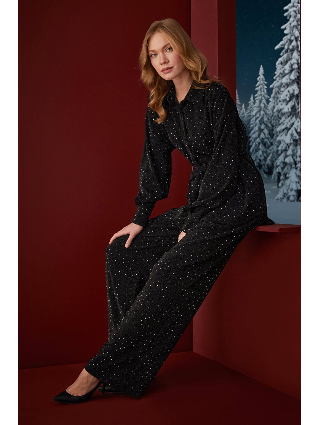 Siyah Fullamodest Beli Kemerli Taşlı Simli 2 Li Takım-2