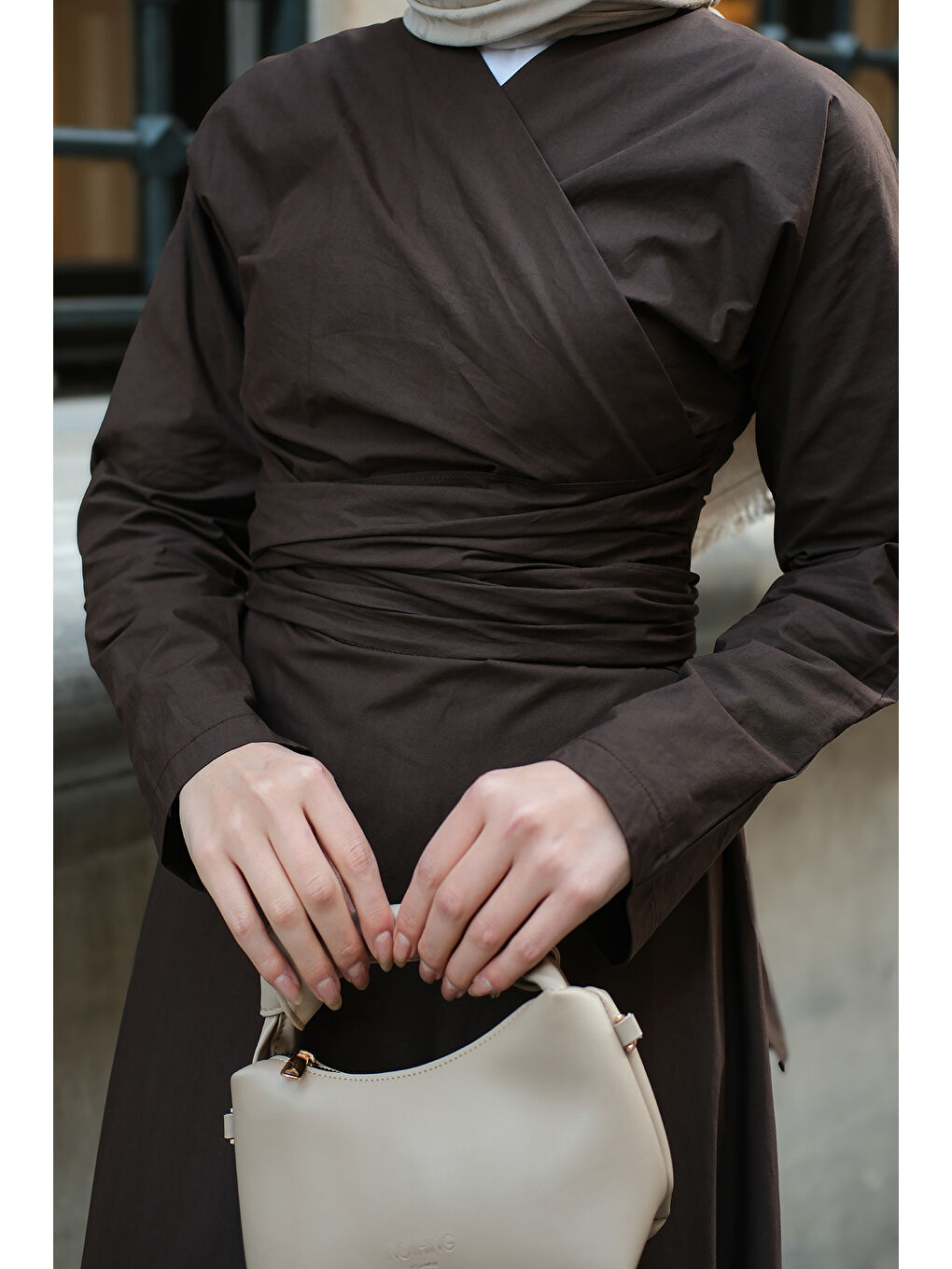 Kadın Kendinden Bağlamalı Poplin Elbise Kahverengi-3