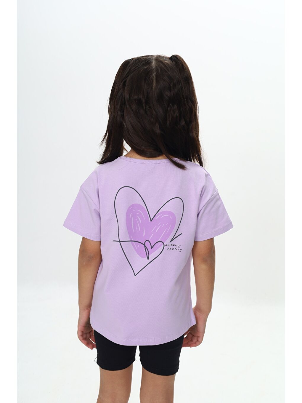Lila Kız Çocuk Göğsü Çok Kalp Baskılı Tişört-2