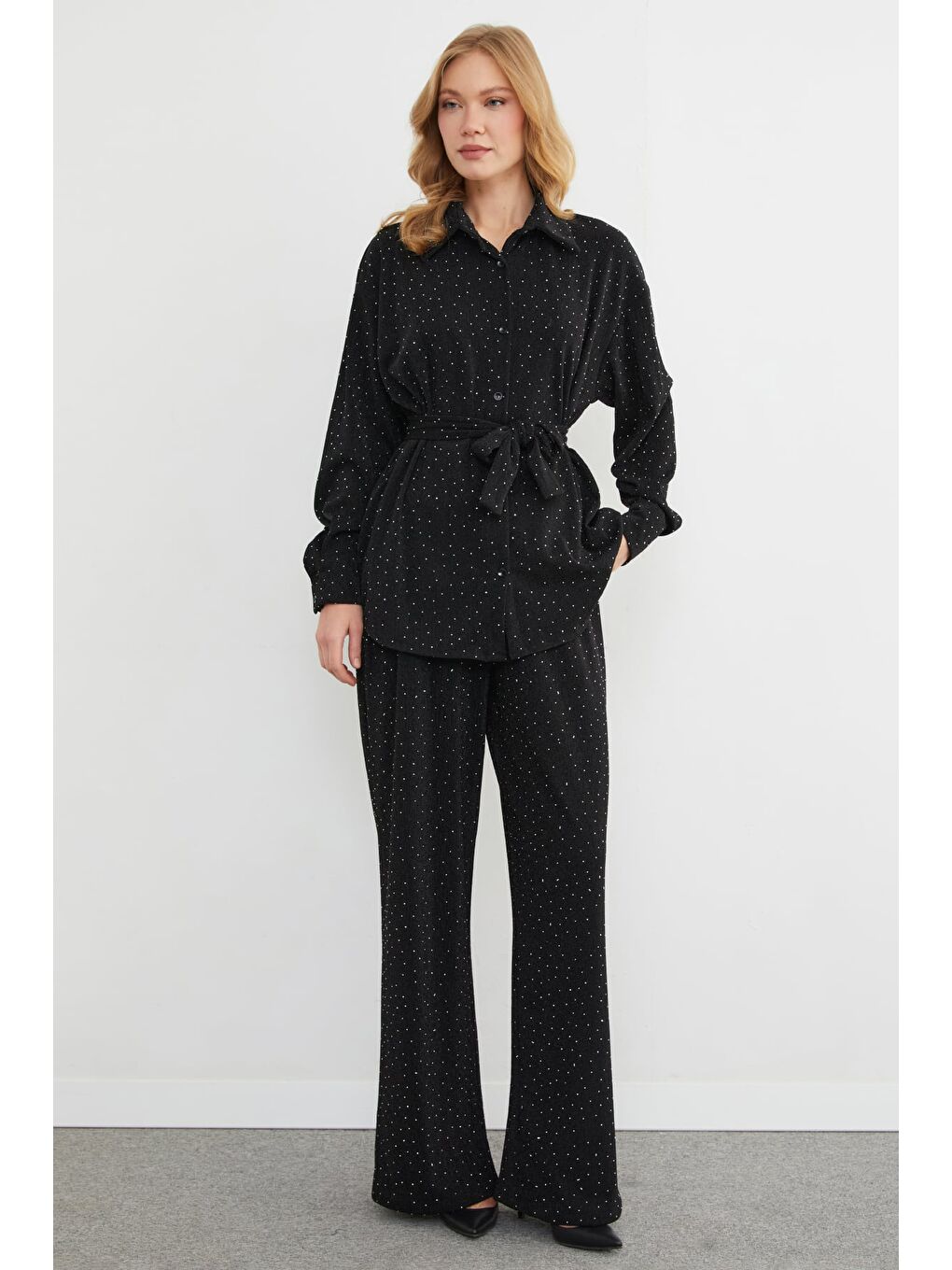 Siyah Fullamodest Beli Kemerli Taşlı Simli 2 Li Takım-4