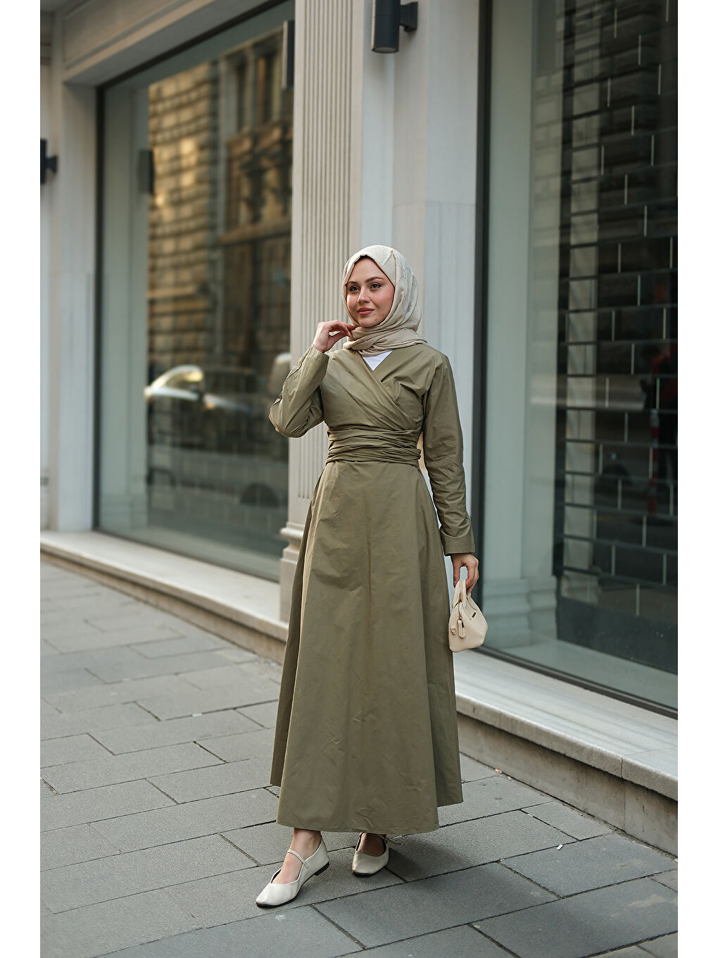 Kadın Kendinden Bağlamalı Poplin Elbise Yeşil