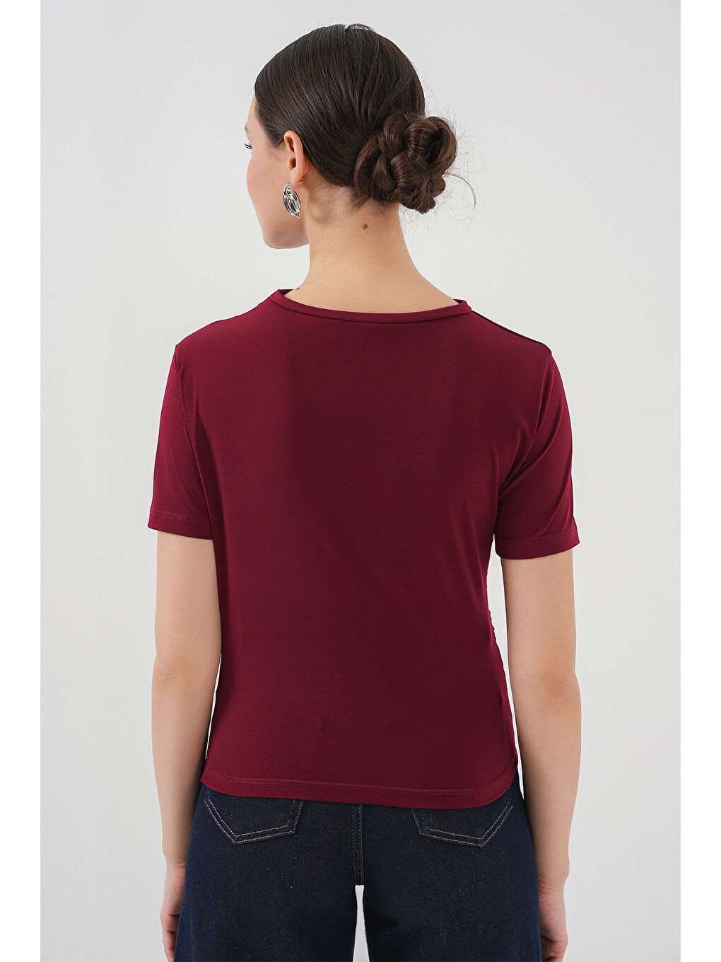 Büzgü Detaylı Kısa Kol Sandy Bluz 945 - Bordo-5