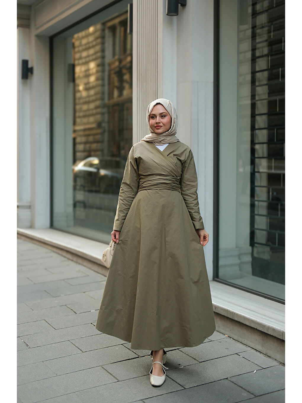 Kadın Kendinden Bağlamalı Poplin Elbise Yeşil-1