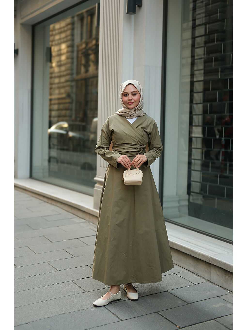 Kadın Kendinden Bağlamalı Poplin Elbise Yeşil-2