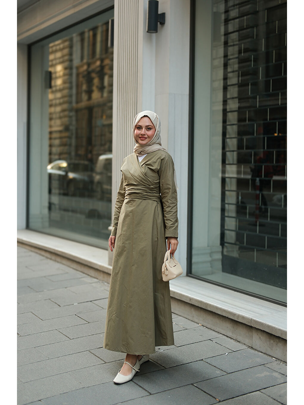 Kadın Kendinden Bağlamalı Poplin Elbise Yeşil-3