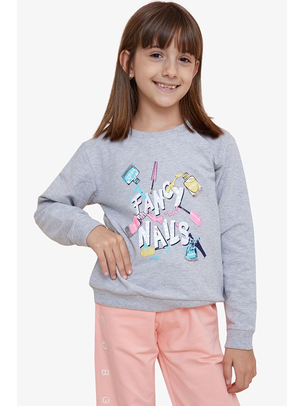 Breeze Kız Çocuk Sweatshirt Renkli Oje Baskılı Gri Melanj (6-12 Yaş)