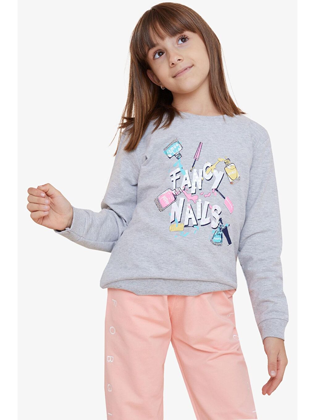 Breeze Kız Çocuk Sweatshirt Renkli Oje Baskılı Gri Melanj (6-12 Yaş) - 1