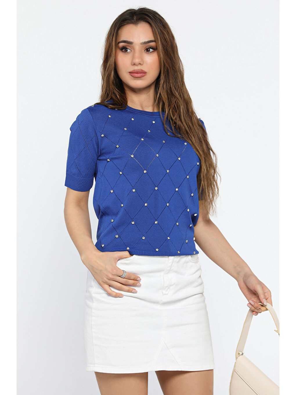 Mavi Kendinden Desenli Taşlı Kadın Bluz-1