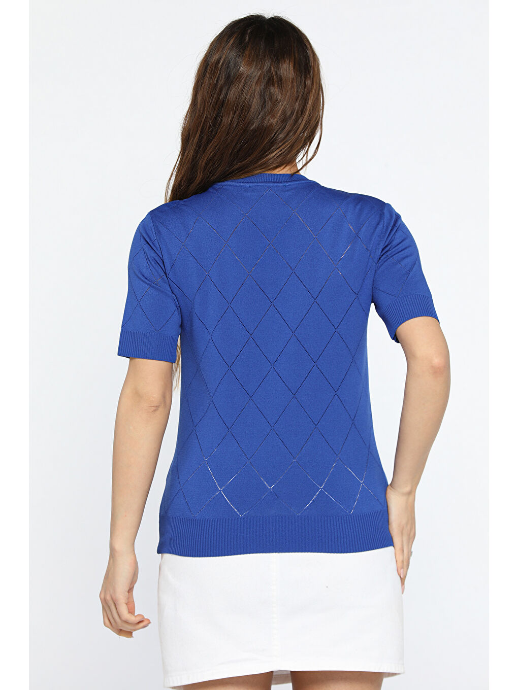 Mavi Kendinden Desenli Taşlı Kadın Bluz-2