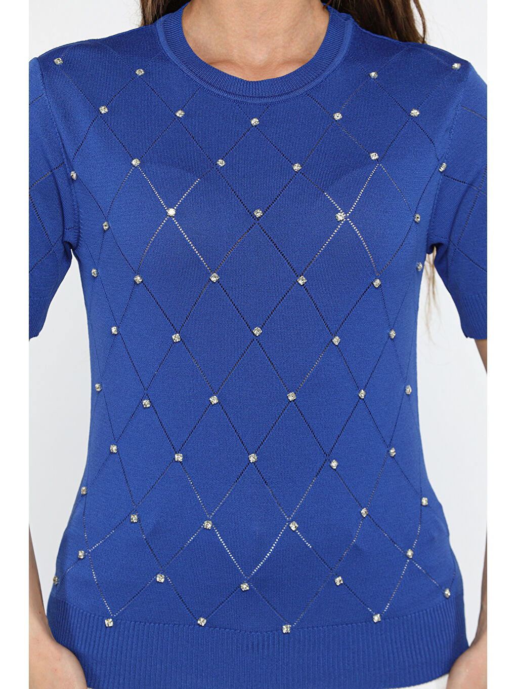 Mavi Kendinden Desenli Taşlı Kadın Bluz-3