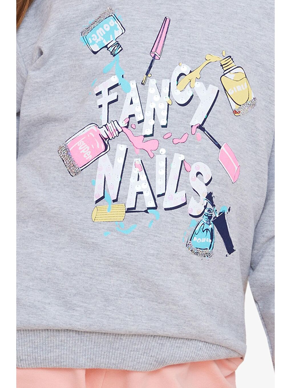 Breeze Kız Çocuk Sweatshirt Renkli Oje Baskılı Gri Melanj (6-12 Yaş) - 3