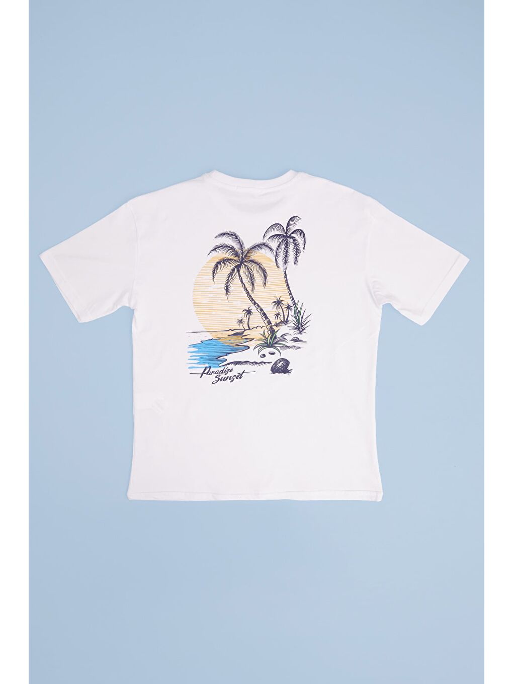 Beyaz %100 Pamuk Yazı Ve Palmiye Baskılı Oversize Erkek Çocuk Tişört-1