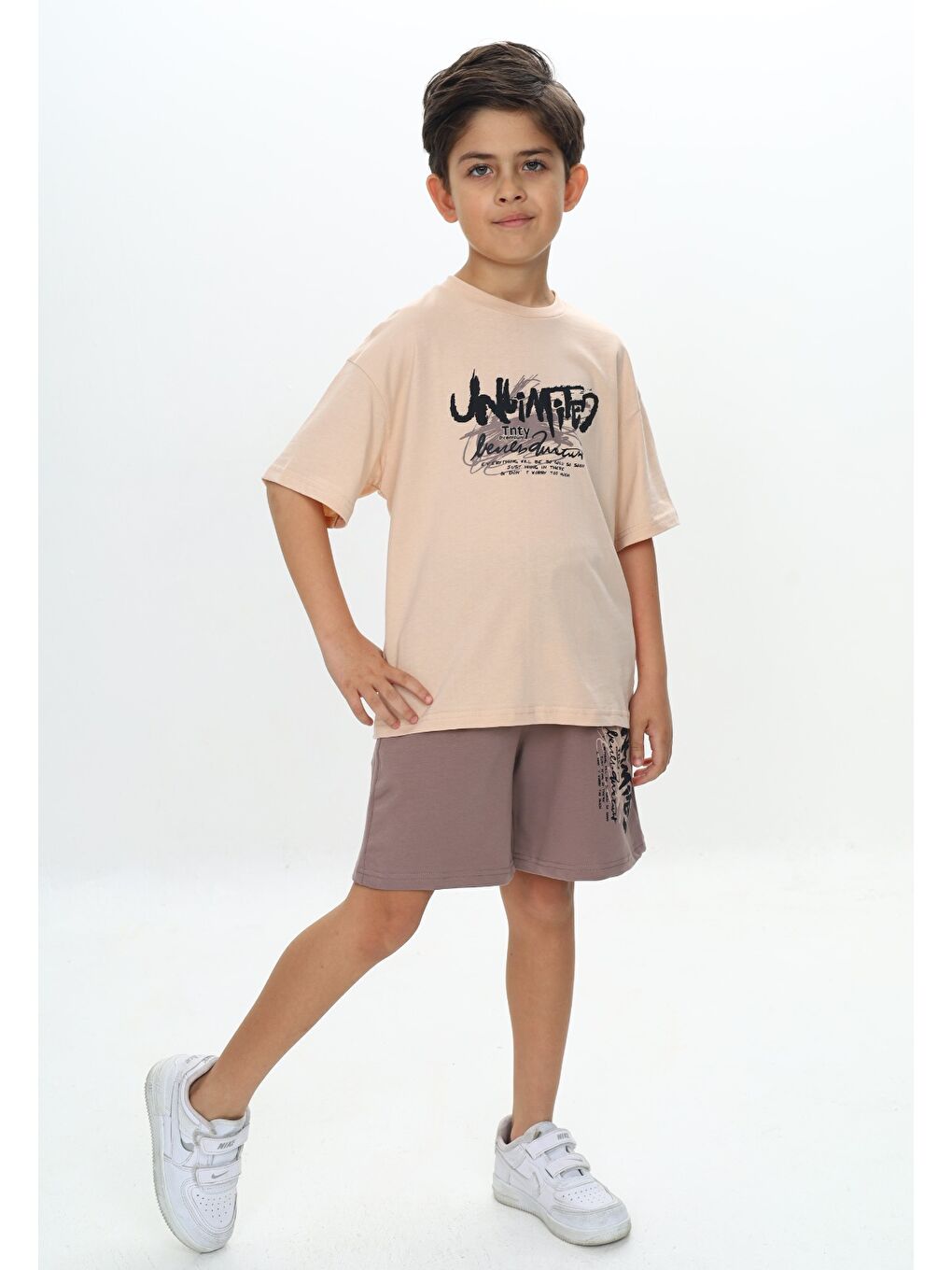 Bej Erkek Çocuk Unlimited Yazı Baskılı Şortlu Takım-2