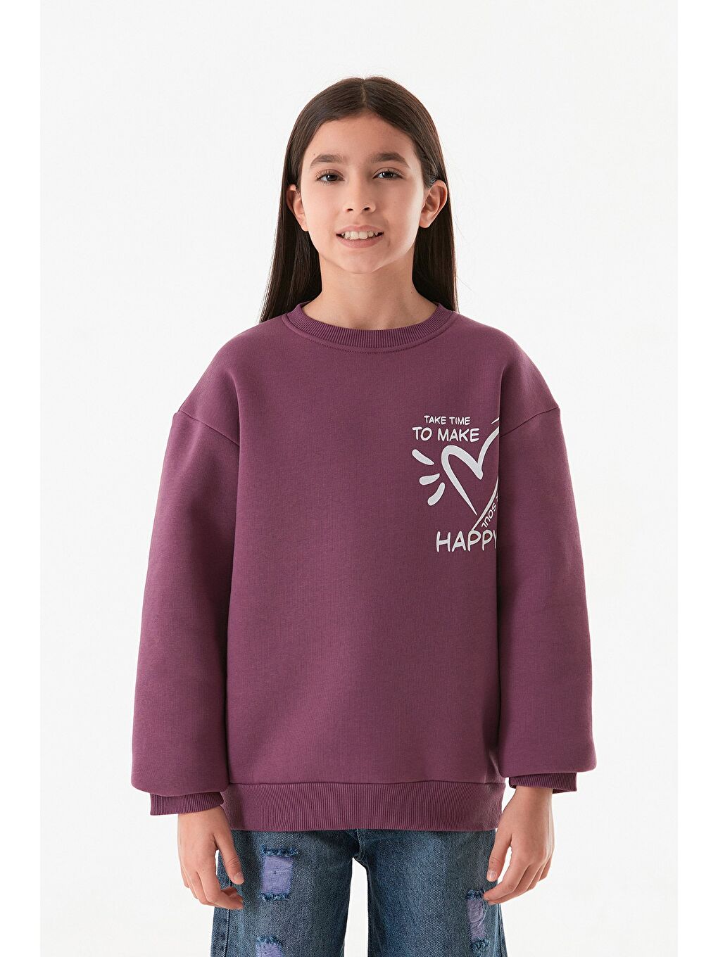 Fullamoda Mürdüm 3 İplik Kalp Ve Yazı Baskılı Kız Çocuk Sweatshirt