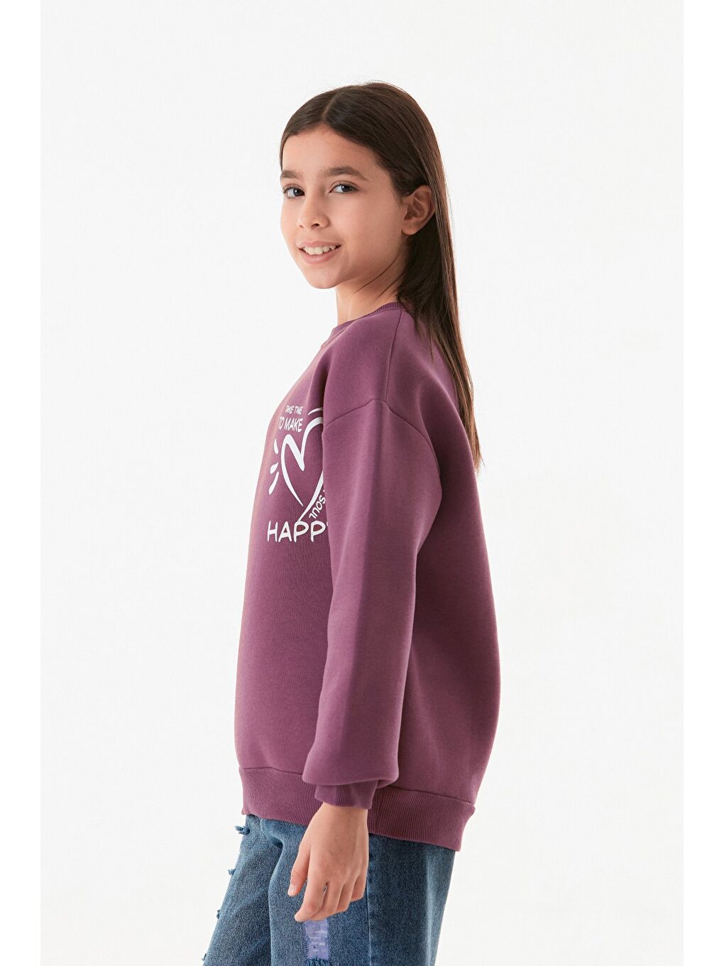 Fullamoda Mürdüm 3 İplik Kalp Ve Yazı Baskılı Kız Çocuk Sweatshirt - 2