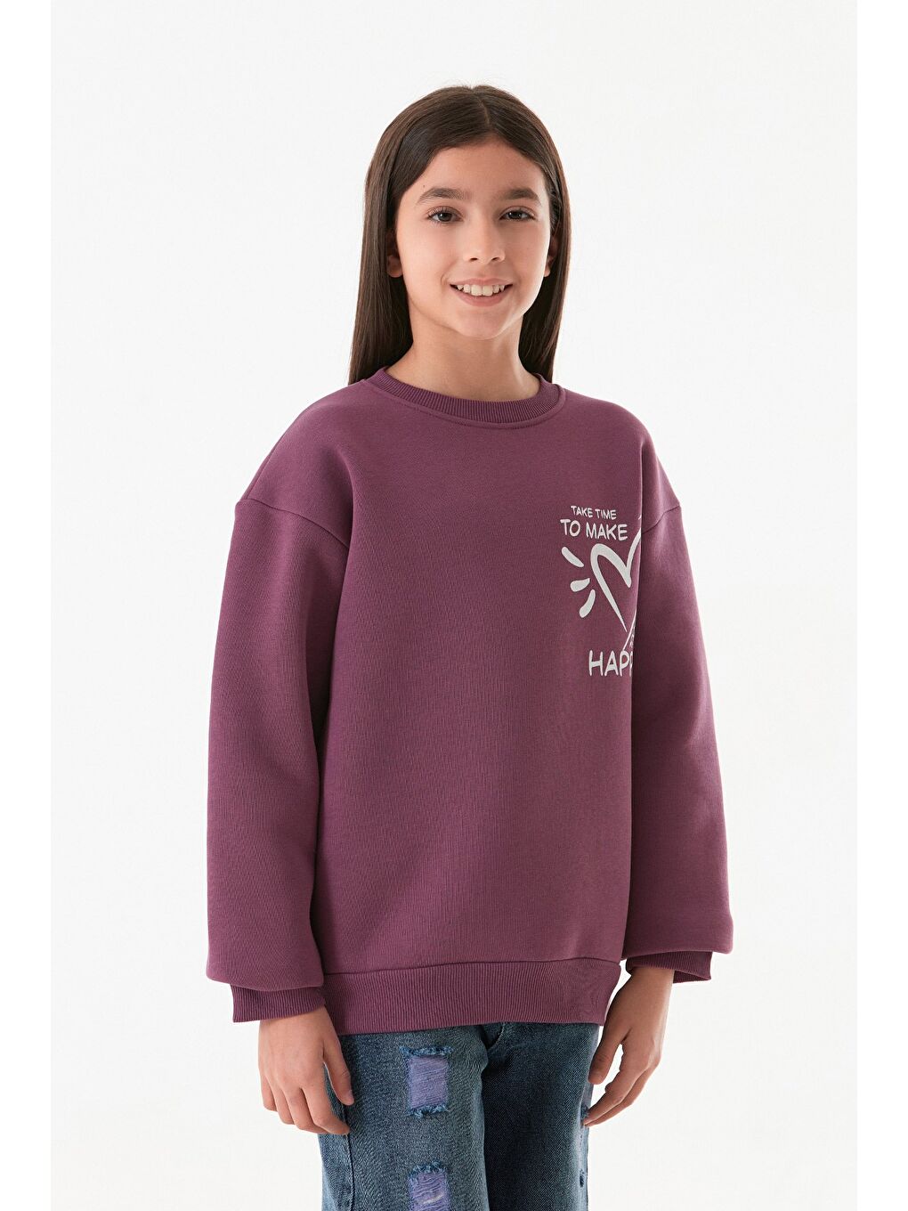 Fullamoda Mürdüm 3 İplik Kalp Ve Yazı Baskılı Kız Çocuk Sweatshirt - 4