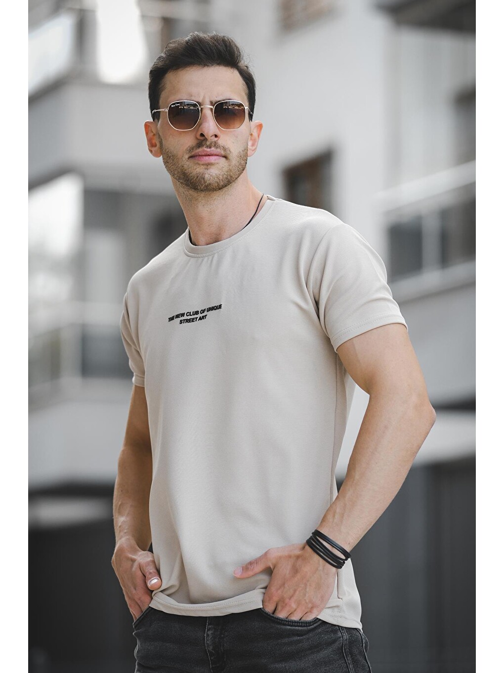 Ekru Ft New Club Baskılı Otoban Bisiklet Yaka Elastanlı Slim Fit Erkek Tişört
