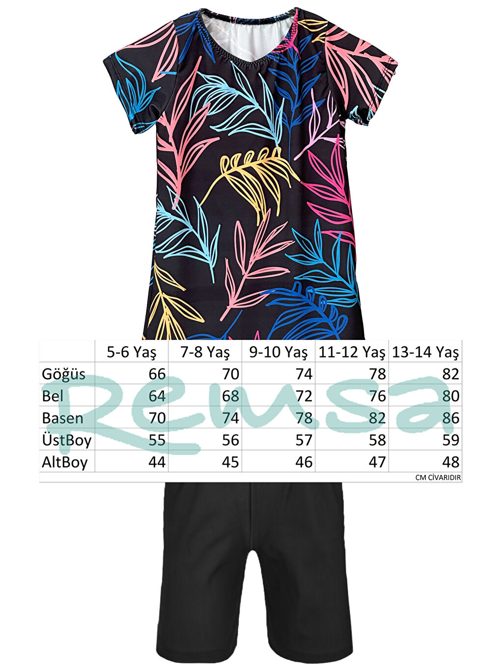 Siyah Kız Çocuk Kısa Kollu Elastanlı Taytlı Yarı Kapalı Mayo R5005 Beren-2