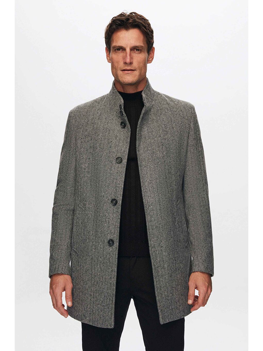 Regular Fit Gri Balıksırtı Hakim Yaka Kaban