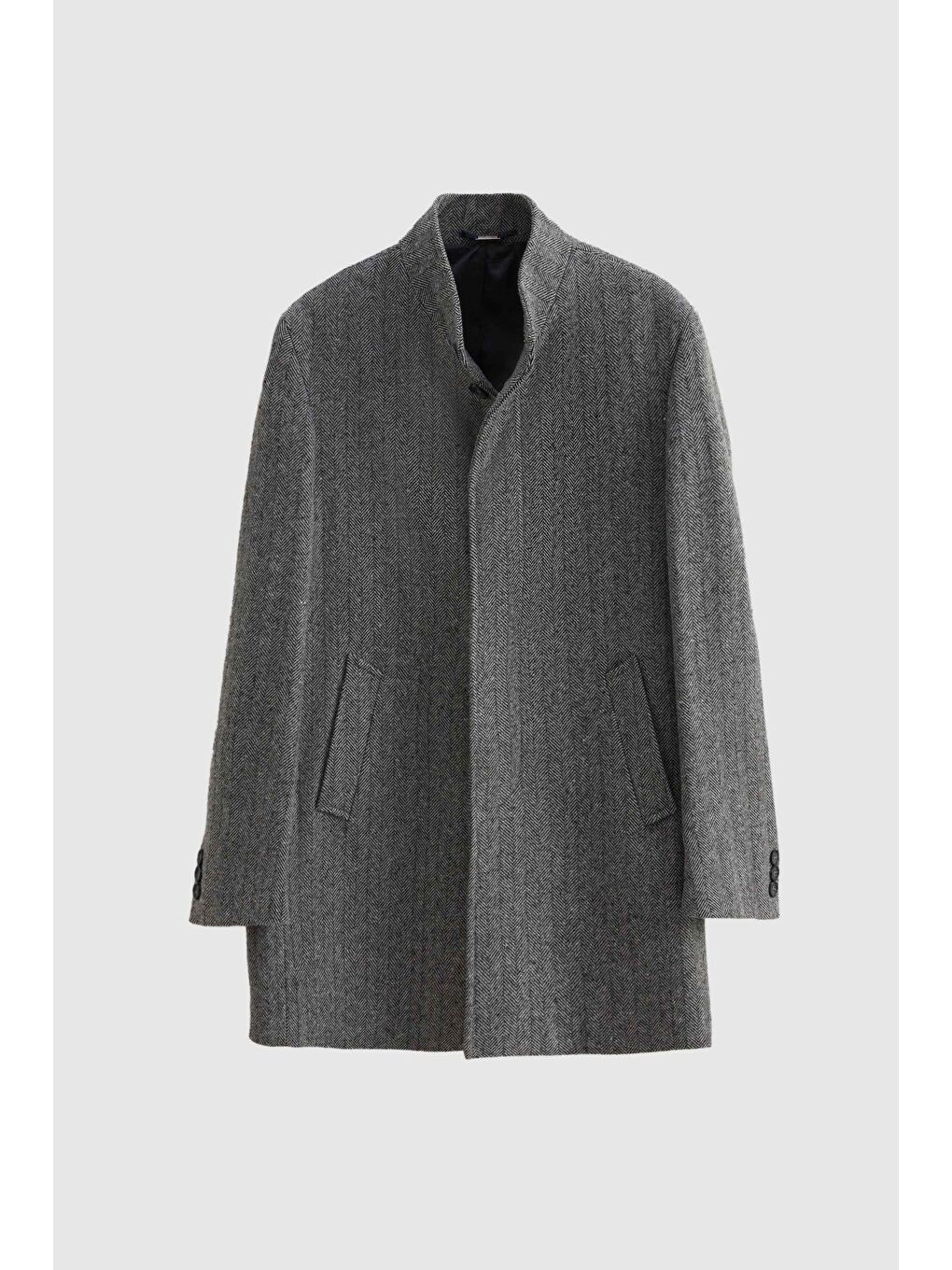 Regular Fit Gri Balıksırtı Hakim Yaka Kaban-4