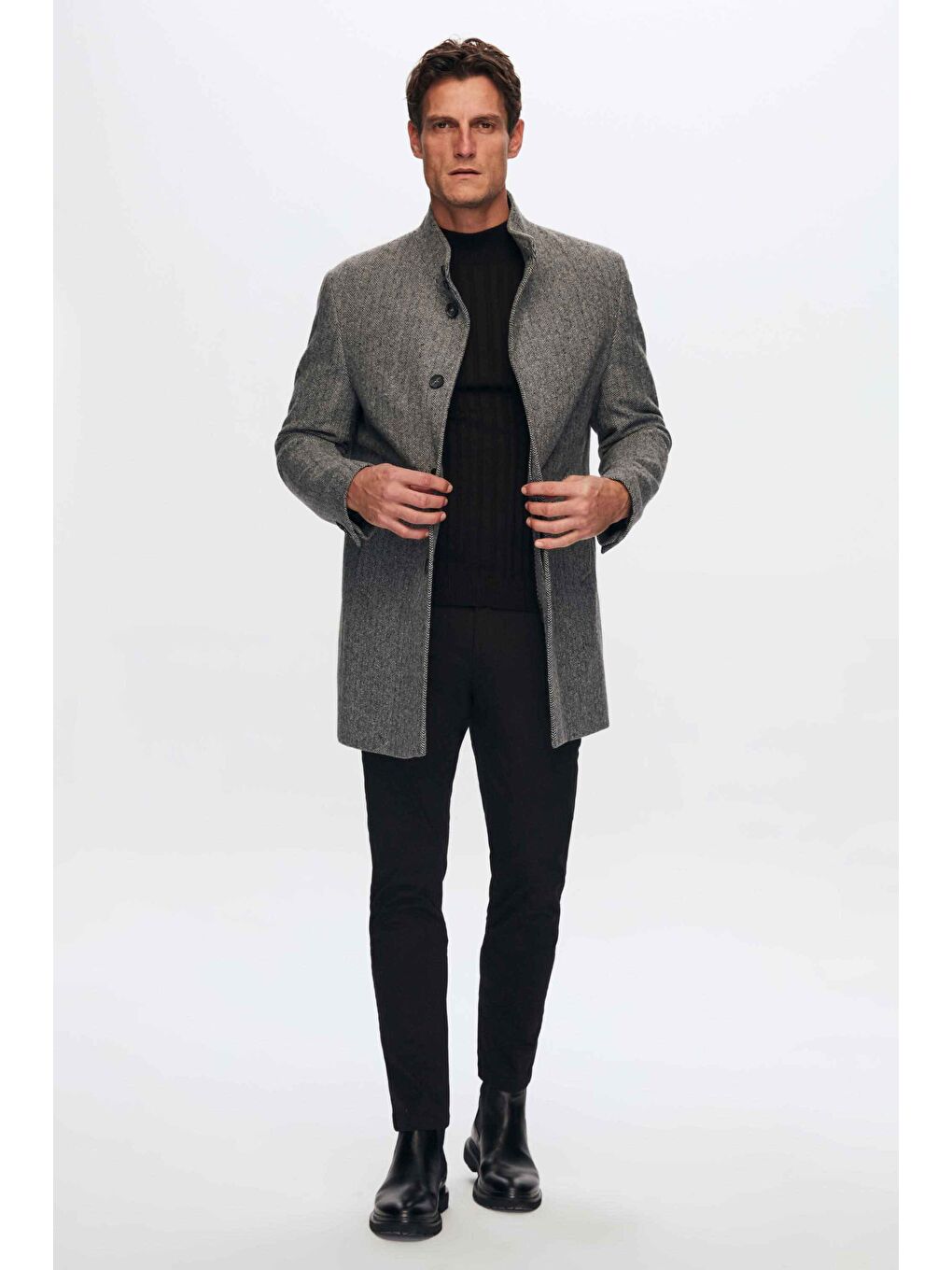 Regular Fit Gri Balıksırtı Hakim Yaka Kaban-5