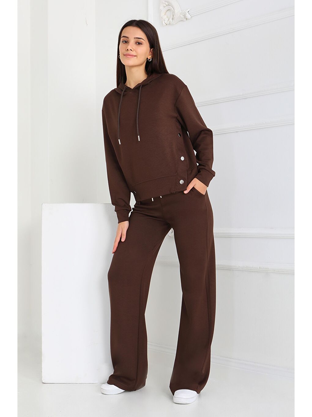 Kahverengi Çıtçıt Detaylı Modal İkili Takım Kahve - 27878-KAHVE-1