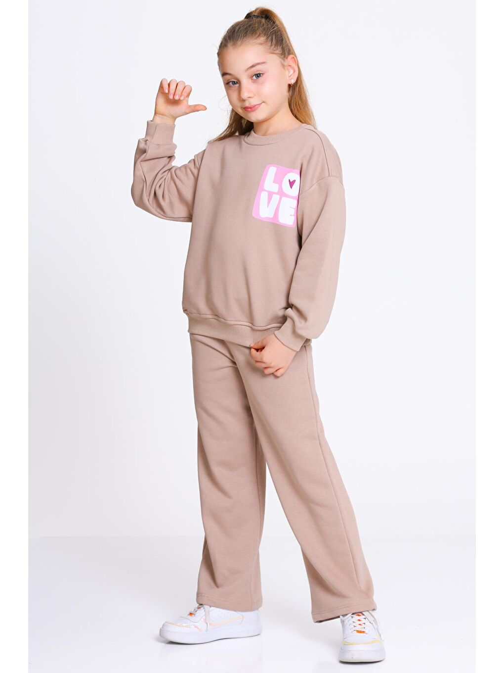 Kahverengi Kız Çocuk Kahve Love Baskı 5-9 Yaş Takım - 23303-1