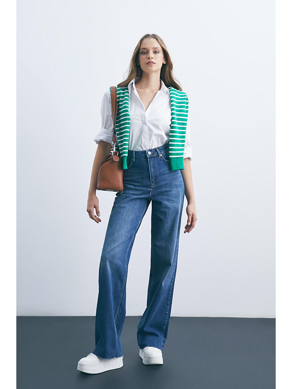 Koyu Mavi Yüksek Bel Wide Leg Denim Pantolon