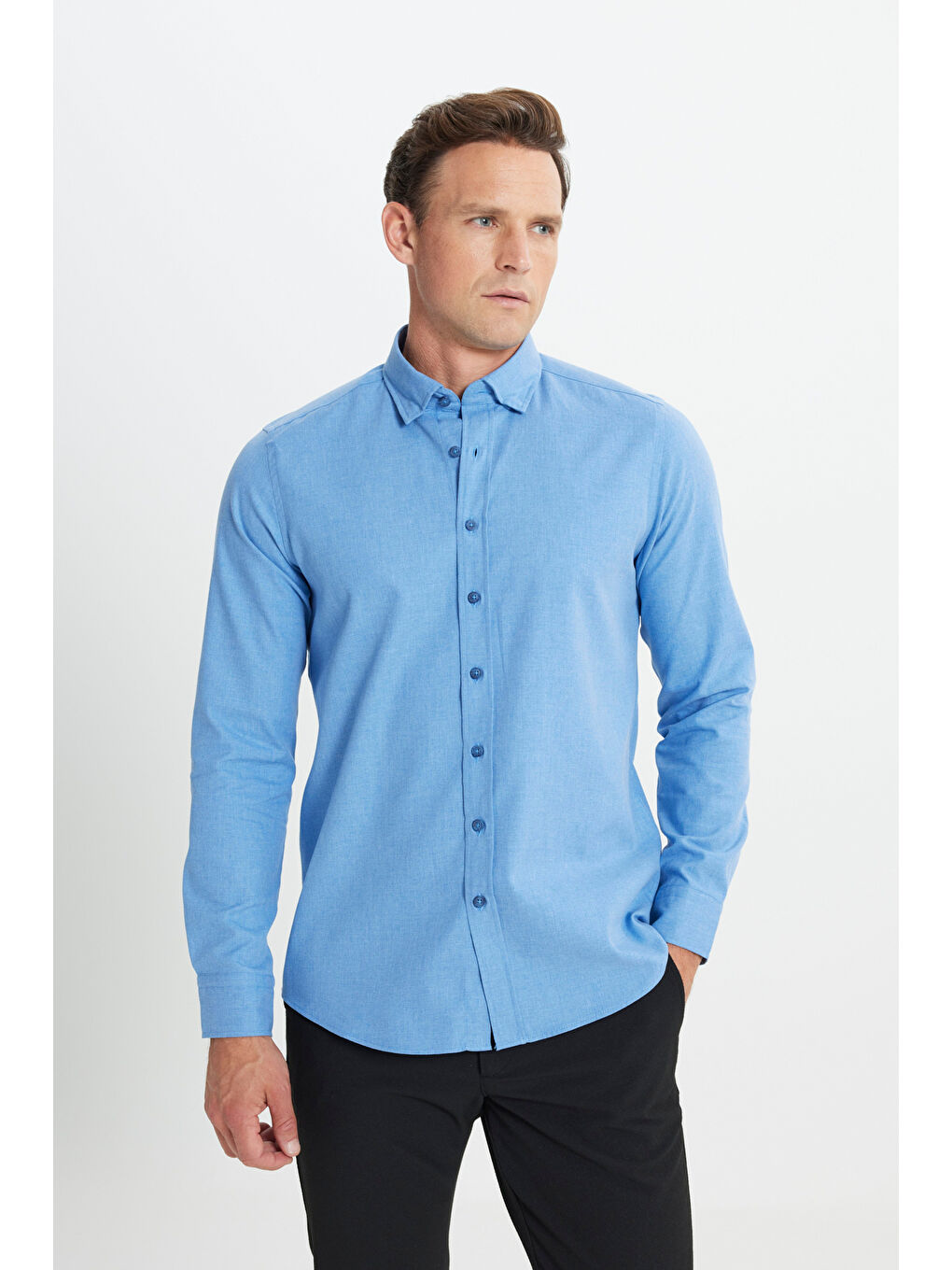 Erkek Mavi Slim Fit Dar Kesim Düğmeli Yaka Flanel Oduncu Kışlık Gömlek