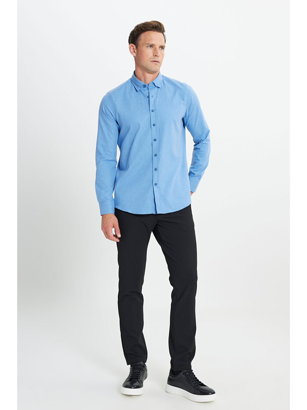 Erkek Mavi Slim Fit Dar Kesim Düğmeli Yaka Flanel Oduncu Kışlık Gömlek-1