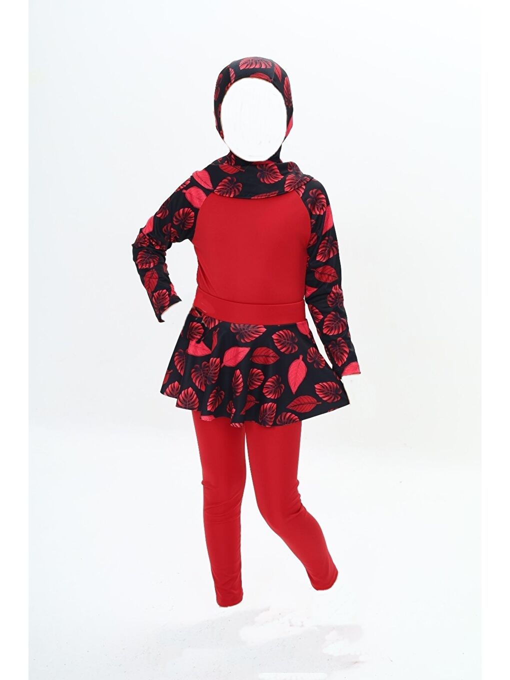 Kırmızı Kız Çocuk Uzun Kollu Ve Altlı 3 Parça Mayo Takımı 8-16 Yaş 12233