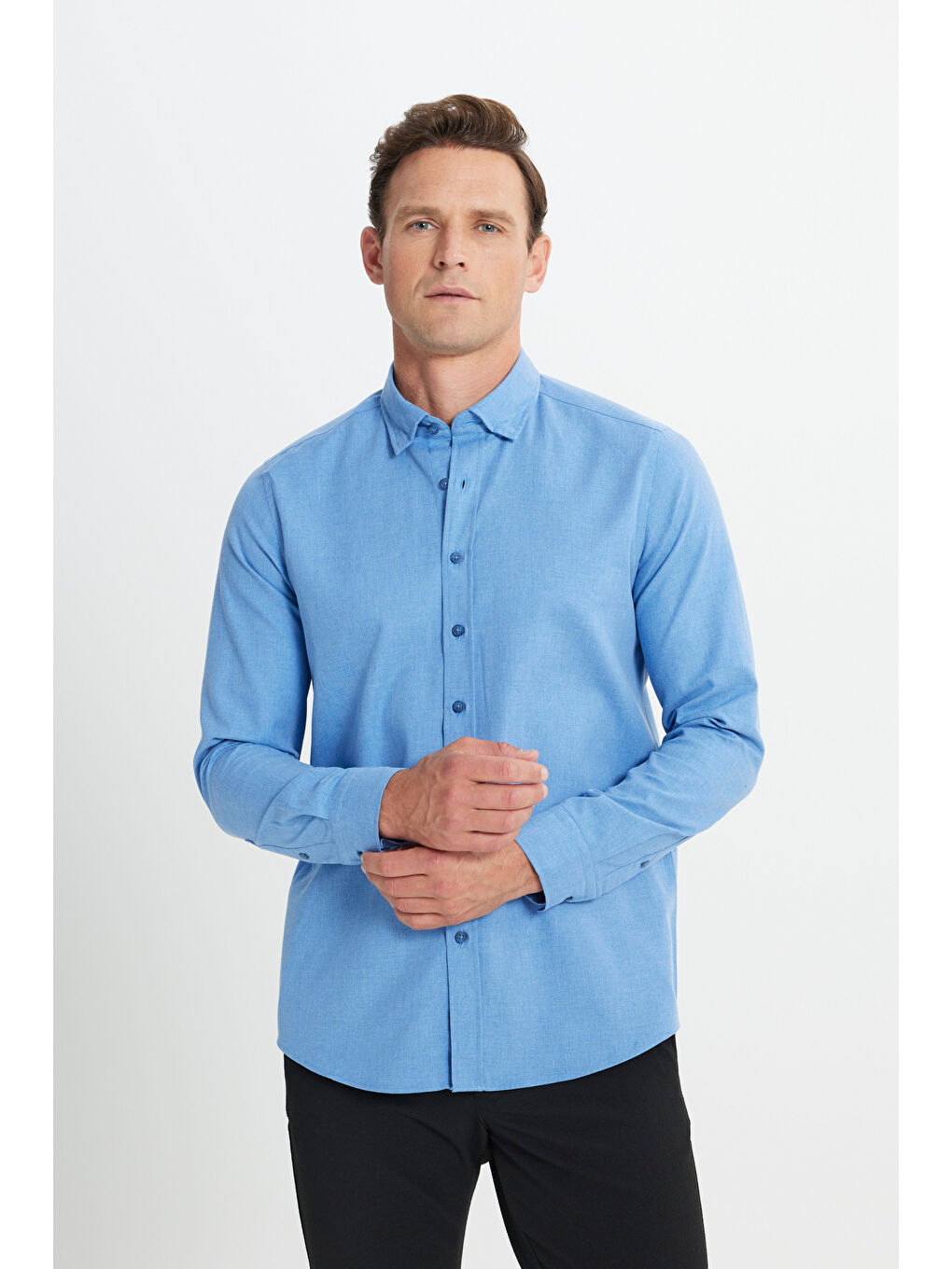 Erkek Mavi Slim Fit Dar Kesim Düğmeli Yaka Flanel Oduncu Kışlık Gömlek-2