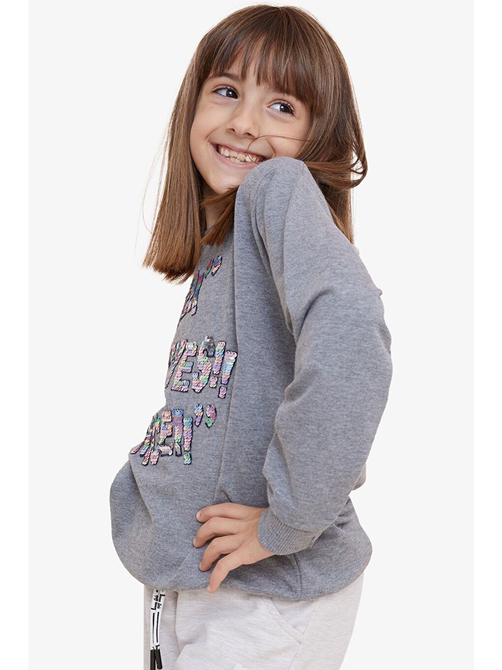 Kız Çocuk Sweatshirt Pullu Yazı Baskılı Koyu Gri Melanj (8 Yaş)