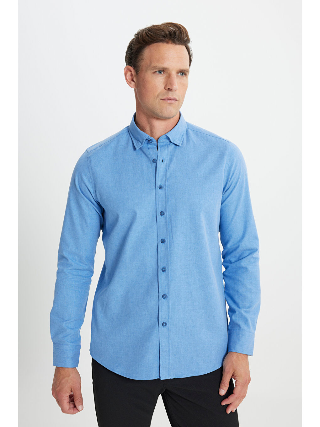 Erkek Mavi Slim Fit Dar Kesim Düğmeli Yaka Flanel Oduncu Kışlık Gömlek-3